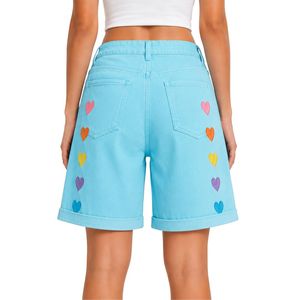 Sky Blue <b>Rainbow</b> Heart Embroidered Women Denim Shorts High Waist Casual Loose Fit Rolled Hem Cotton Summer Fashion Jeans Shorts - Product Image 2