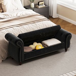 Panca letto imbottita in velluto nero da 164 cm con chiusura a bottoni e chaise longue contenitore per camera da letto - Product Image 5