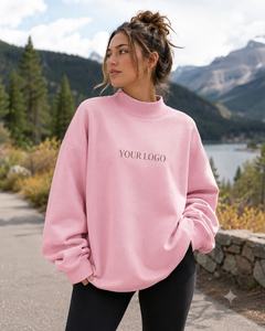 Sudadera Oversize de Cuello Alto para Mujer, Rosa, de Algodón Afelpado, con Estampado de Letras Delantero, Hombros Caídos, para Otoño - Product Image 1