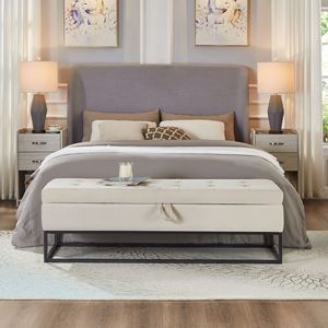 Panca letto da 149 cm con velluto beige e base in metallo, mobile da soggiorno con contenitore - Product Image 2