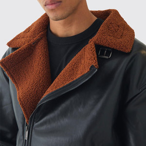 <b>Men's</b> Genuine Leather <b>Shearling</b> Jacket With Zipper Closure Winter Moto Style Thick Warm <b>Coat</b> Black Color Regular Fit - Product Image 6