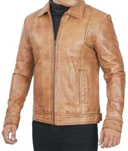 Men's for Brown Leather Jacket High Quality Slim Fit Vintage Style Stand Collar Front Logo Winter Windproof Breathable - Product Image 5