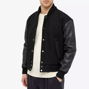 Custom Puff Printing Wool Sleeve Unisex Baseball Varsity Jacket Geometric Pattern Stand Collar Winter <b>Warm</b> Long Sleeves OEM ODM - Product Image 1