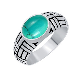 Anillo de Plata de Ley 925 Vintage al por Mayor con Gema de Turquesa Ovalada Natural, Anillo de Declaración con Textura Oxidada, Joyería - Product Image 1