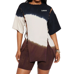 Ensemble 2 pièces tricoté pour femme : haut décontracté tie-dye à col rond et coupe ample avec détails à lacets, longueur au-dessus du genou, pour usage quotidien - Product Image 1