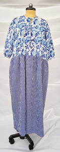 Women Blue <b>White</b> Floral Stripe Cotton Kaftan Dress <b>Tie</b> Neck Loose Fit Long Maxi Gown Casual Summer Wear - Product Image 1