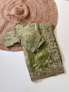 Luxury Designer Organza Silk <b>Saree</b> Set Multi Color Heavy Hand Embroidered Floral Sequin Bead Work Premium Ethnic Modern Winter - Product Image 2