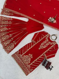 Sharara Sahara de terciopelo de viscosa pesado, artesanal, moderno, étnico, con lentejuelas y georgette sintético fluido, con efecto arrugado en cuatro direcciones, para fiesta de invierno. - Product Image 5