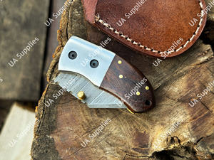 มีดพับขนาดเล็ก 5 นิ้ว ทำจากเหล็กดามัสกัส งานแฮนด์เมด สำหรับตั้งแคมป์ ใบมีดทรงดรอปพอยต์ คมกริบ ระดับมืออาชีพ ด้ามไม้ปักก้า รับผลิตแบบ OEM ราคาประหยัด - Product Image 2