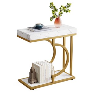 MODERN GOLD METAL WITH <b>MARBLE</b> <b>TOP</b> <b>SIDE</b> <b>TABLE</b> GOLD ACCENT PEDESTAL <b>TABLE</b> FOR LIVING ROOM &HOME DECOR - Product Image 3