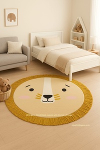 Tapis pour enfants en laine tuftée à la main, forme de lion mignon |   Tapis rond doux à franges avec motif d'animaux de dessin animé pour chambre d'enfant et salle de jeux - Product Image 5