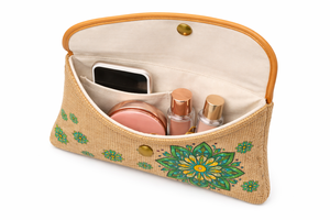 Pochette enveloppe en jute écologique avec imprimé mandala vert, faite à la main, réutilisable, trousse de maquillage de voyage - Product Image 2