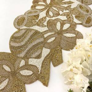 Handmade Glam Fabric <b>Table</b> <b>Runner</b> Irregular Shape <b>Gold</b> Embroidered Floral Design Mats Pads - Product Image 3