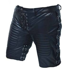 Men <b>Black</b> Real Genuine Leather Shorts Lace Up Front Ring Side Detail Padded Biker Shorts Wholesale <b>High</b> Quality Custom <b>Pants</b> - Product Image 1
