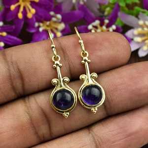 Boucles d'oreilles pendantes ovales minimalistes en argent sterling 925 plaqué or 18 carats, avec améthyste, pierre de naissance de février, style bohème - Product Image 2