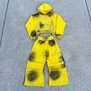 Custom Spray Fade Rhinestone Hoodie Set Heavyweight <b>Crop</b> <b>Zip</b> <b>Up</b> Fleece Tracksuit Vintage Yellow Acid Wash Streetwear Sweatpants - Product Image 1
