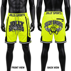 กางเกงบาสเก็ตบอลชาย 200 GSM ผ้าโพลีเอสเตอร์ตาข่ายพรีเมียม สีเหลืองนีออน กางเกงกีฬาพร้อมแถบข้าง ปักโลโก้ได้ - Product Image 1