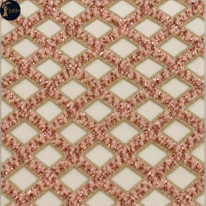 Blush Pearl Beaded Dress <b>Fabric</b> with Curved Diamond Lattice and Dimensional Floral Accents | Decorative Textile for Bridal Gowns - Product Image 2