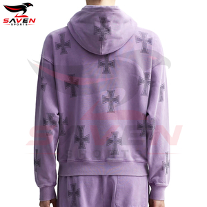 Sudadera con capucha unisex vintage con cremallera y pedrería, diseño gráfico de cruz con tachuelas brillantes, de algodón pesado, estilo streetwear. - Product Image 6