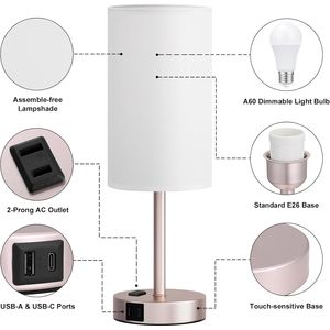 Lampada da Comodino Dimmerabile a 3 Modalità Bianco Antico con Porte di Ricarica USB-C e Presa AC, Lampade da Scrivania Piccole Dorate BA per Camera da Letto - Product Image 4