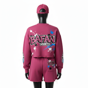 Ensemble sweat-shirt et short pour femme 100% coton, molleton lourd en coton et polyester 280 GSM, respirant, couleurs chaudes, logo imprimé personnalisé, ensemble pour femme - Product Image 2