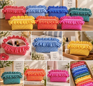 Lovely Gingham Check Cosmetic Bag <b>With</b> Ruffle Zipper Closure Multi-Function <b>Makeup</b> Organizer Cotton Fabric Medium Size - Product Image 1