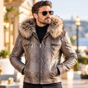 MenVLuxury Python Leather Jacket Fox Fur Hood Designer Motorcycle Bomber Biker <b>Coat</b> | Herren Lederjacke | Chaqueta Hombre Cuero - Product Image 1