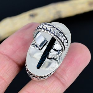 Natural Touqurise Gemstone <b>Adjustable</b> Traditional Unisex 3 Stone Brass <b>Ring</b> with 925 <b>Silver</b> Plating - Product Image 3