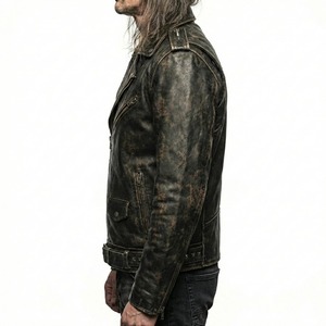 Chaqueta Varsity de Cuero Genuino para Hombre, Estilo Desgastado, Cierre Frontal con Cremallera, Corte Regular, Color Sólido, Resistente al Viento, Transpirable, para Invierno - Product Image 4