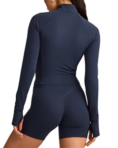 Veste de yoga pour femme, coupe courte, entièrement zippée, respirante, résistante à l'eau, extensible dans quatre directions, avec trous pour les pouces, col montant, coupe ajustée, pour la course et la gym - Product Image 2