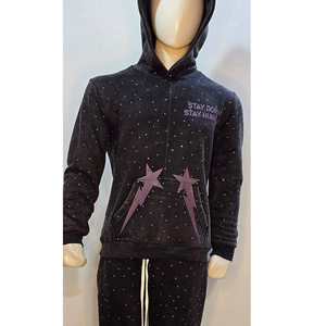 High Quality Breathable Lightweight Winter Casual Solid Hooded Rhinestone Acid Wash <b>Flare</b> Sweatpants Zip 2 Piece Set 100% Cotton - Product Image 5