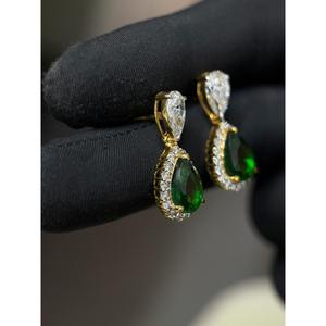 14K Gold Pear Shape Emerald & Diamond Drop Earrings | 3 Ct Pear & 0.90 Ct Round Diamond with 2.90 Ct <b>Green</b> Emerald Fine Jewelry - Product Image 3