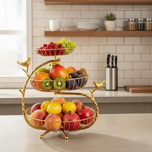 Frutero Metálico de Tres Niveles, Dorado, Moderno, Soporte de Almacenamiento para Cocina, Redondo, Resistente, No Plegable - Product Image 1