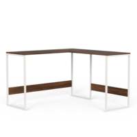 Bureau d'ordinateur en forme de L en érable brun brillant avec pieds en métal blanc pour la maison ou le bureau, idéal pour le télétravail