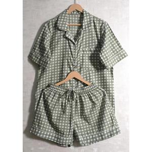 Women Green Check Short Sleeve Pajama Set Turn-Down Collar Button Fly Cotton Sleepwear Casual Spring - Product Image 2