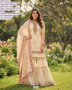 Robe Sharara Rangriti moderne à motif floral avec broderie, taille naturelle confortable, longueur ras du sol, silhouette sirène en Georgette - Product Image 3