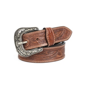 Cinturón de Cuero Marrón Estilo Western con Hebilla Grabada Floral en Plata Antigua, Cinturón de Vaquero/Vaquera de Cuero Genuino - Product Image 5