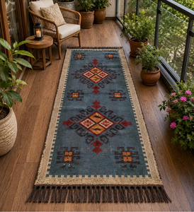 Handmade Blue Wool Jute <b>Runner</b> <b>Rug</b> Southwestern Boho Kilim Tribal Hallway Entryway Farmhouse Corridor Floor Decor Carpet - Product Image 1