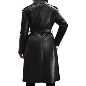 New Wholesale Custom Women's Black Lambskin Leather Coat Extra Long Length Best Collar Split Back Overcoat For Women - Product Image 2