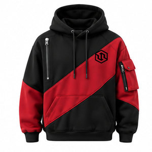 SUPERIOR INTERNATIONAL Sweat à capuche pour homme, color-block rouge et noir, avec surpiqûres contrastées, style streetwear, poches latérales, cordon de serrage à la capuche - Product Image 1