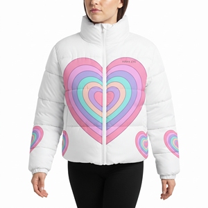 Women's Hooded Heart Pattern Puffer Jacket <b>Belted</b> Quilted Winter Coat Sublimation Art Warm Padded Outdoor Fashion Outerwear Wear - Product Image 5