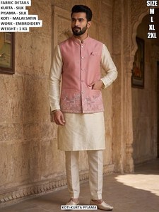 Ethnic Royal Silk Traditional <b>Men's</b> Floor-Length Regular Fit Party <b>Kurta</b> - Product Image 2