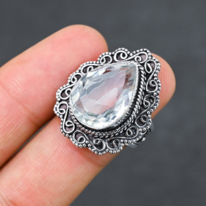 Anillo de Plata de Ley 925 con Topacio Blanco Creado en Laboratorio, Hermoso Anillo con Piedra en Forma de Pera, Joyería de Boda Hecha a Mano con Turquesa - Product Image 1