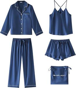 Ensembles de vêtements de nuit pour femmes en satin de soie doux de haute qualité, légers, coupe classique, confort, couleur personnalisée, 4 pièces - Product Image 2