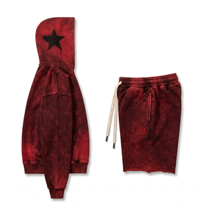 Unisex Summer Print Streetwear Hoodie and Short Sets Custom Blank <b>Oversized</b> Acid Wash Cotton Zip-Up Hoodie and <b>Jogger</b> Set - Product Image 5