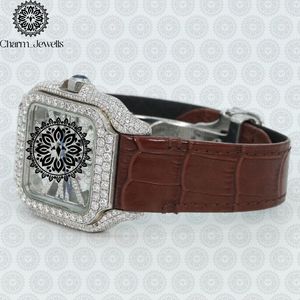 Montre carrée de luxe Charm_Jewells en acier inoxydable avec accents de diamants, mouvement à quartz analogique, bracelet en cuir marron, mode féminine - Product Image 4