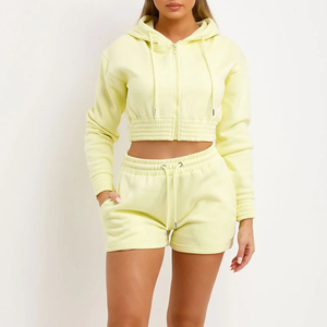<b>Women's</b> 2 Piece <b>Lemon</b> Yellow Fleece Hooded Crop <b>Top</b> Shorts Set Casual Spring Summer Sportswear - Product Image 1