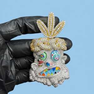จี้การ์ตูนแบบ Iced Out เงินแท้ 925 สไตล์ฮิปฮอป ประดับด้วยหินหลากสี จี้รูปมงกุฎสีทอง จี้หน้าทรัฟฟิส สก็อตต์ จี้ตลกๆ สำหรับผู้ชาย - Product Image 1