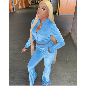 Ensemble de survêtement deux pièces en velours bleu pour femme, manches longues, taille haute, fermeture éclair sur le devant, style streetwear, printemps-été, sexy, style club - Product Image 1
