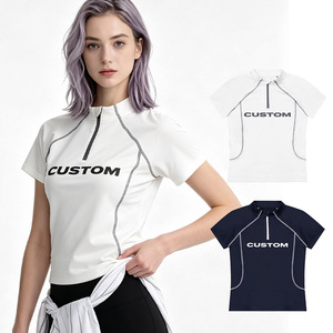 T-shirt sportif en maille à col polo à manches courtes pour femme, coupe ajustée, séchage rapide, printemps-été, blanc et bleu marine, avec logo personnalisé - Product Image 3